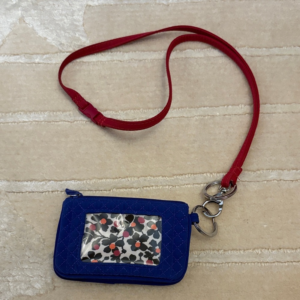 Vera Bradley Blue Quilted ID Holder with pink Strap- zipper and snap closures